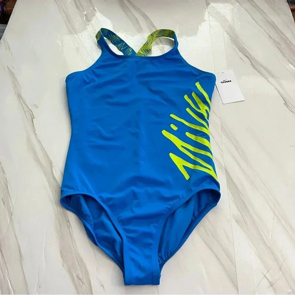 Nike One Piece Swimsuit Big Kids Size Large Blue Lined Wide Straps - Picture 1 of 8